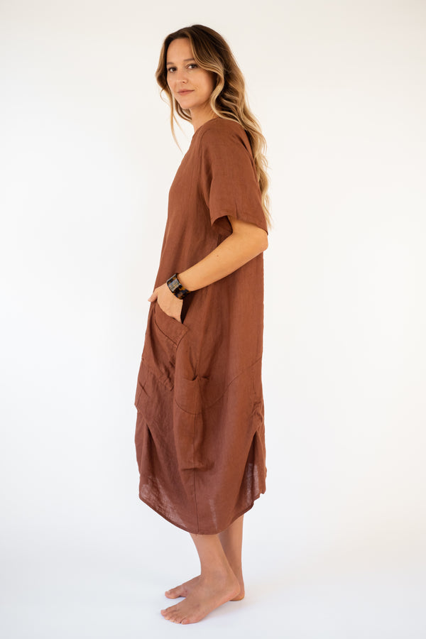 100% LINEN Long Sleeveless Dress w Pockets - Cognac