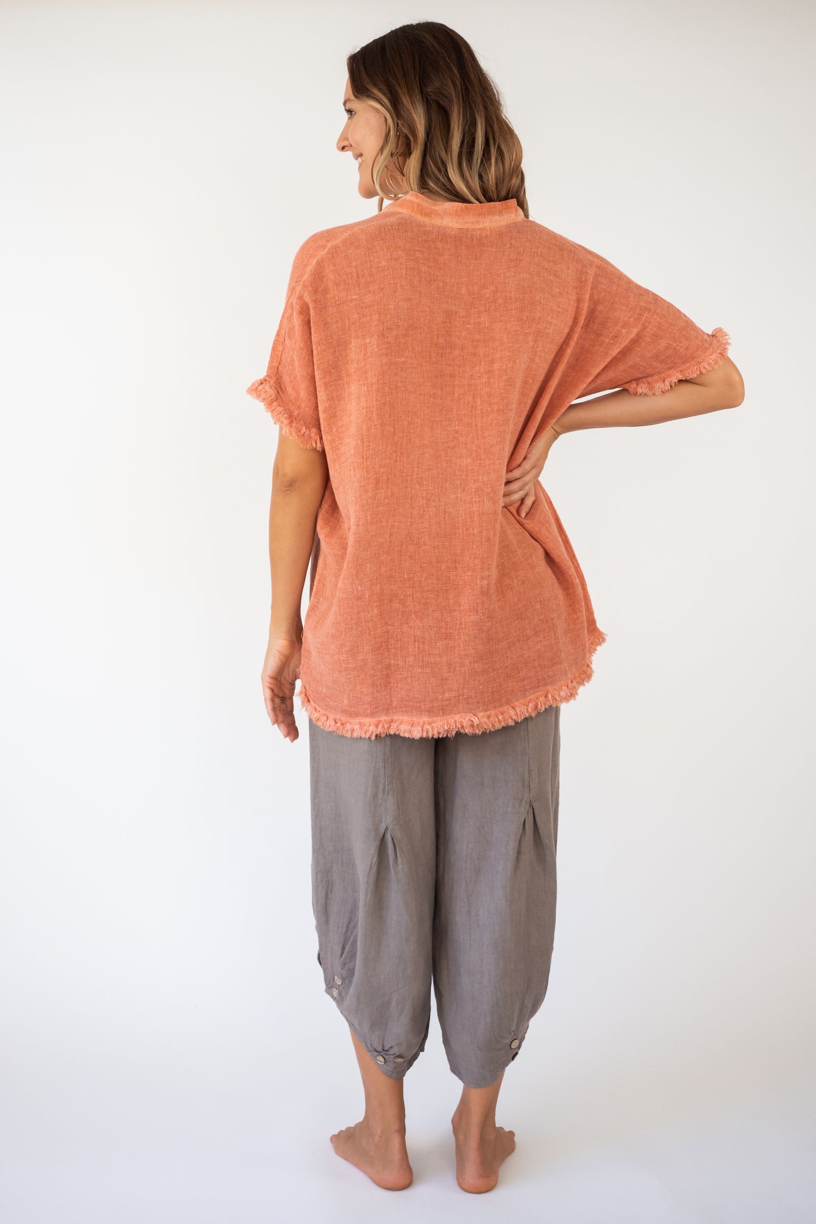 Buy TIM tapered herringbone linen elastic waist string pants